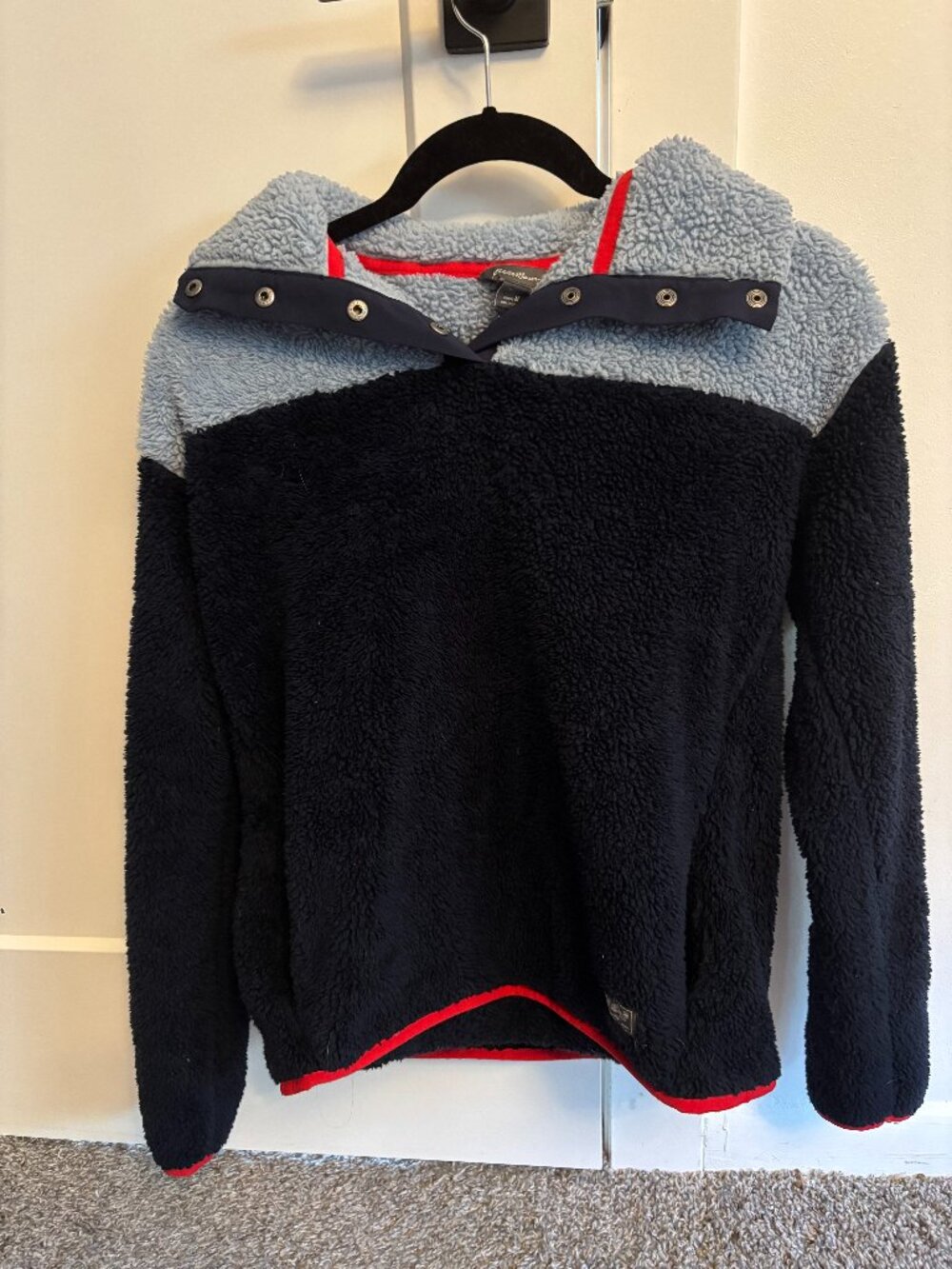 Eddie Bauer Sherpa Fleece Pullover Women's Medium Navy Colorblock Cozy Apres Ski